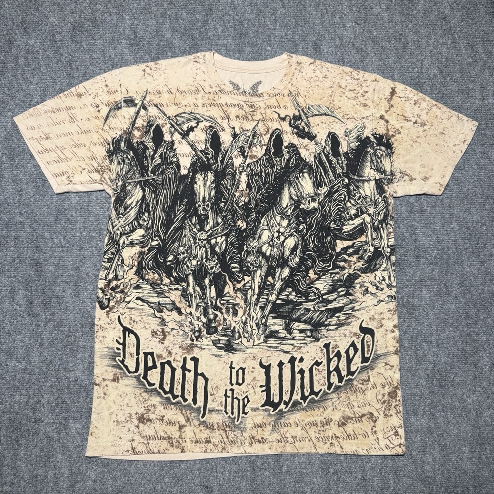 Y2K Apprime T-Shirt Tan Death to the Wicked Horsemen Gun Graphic Men L Courage